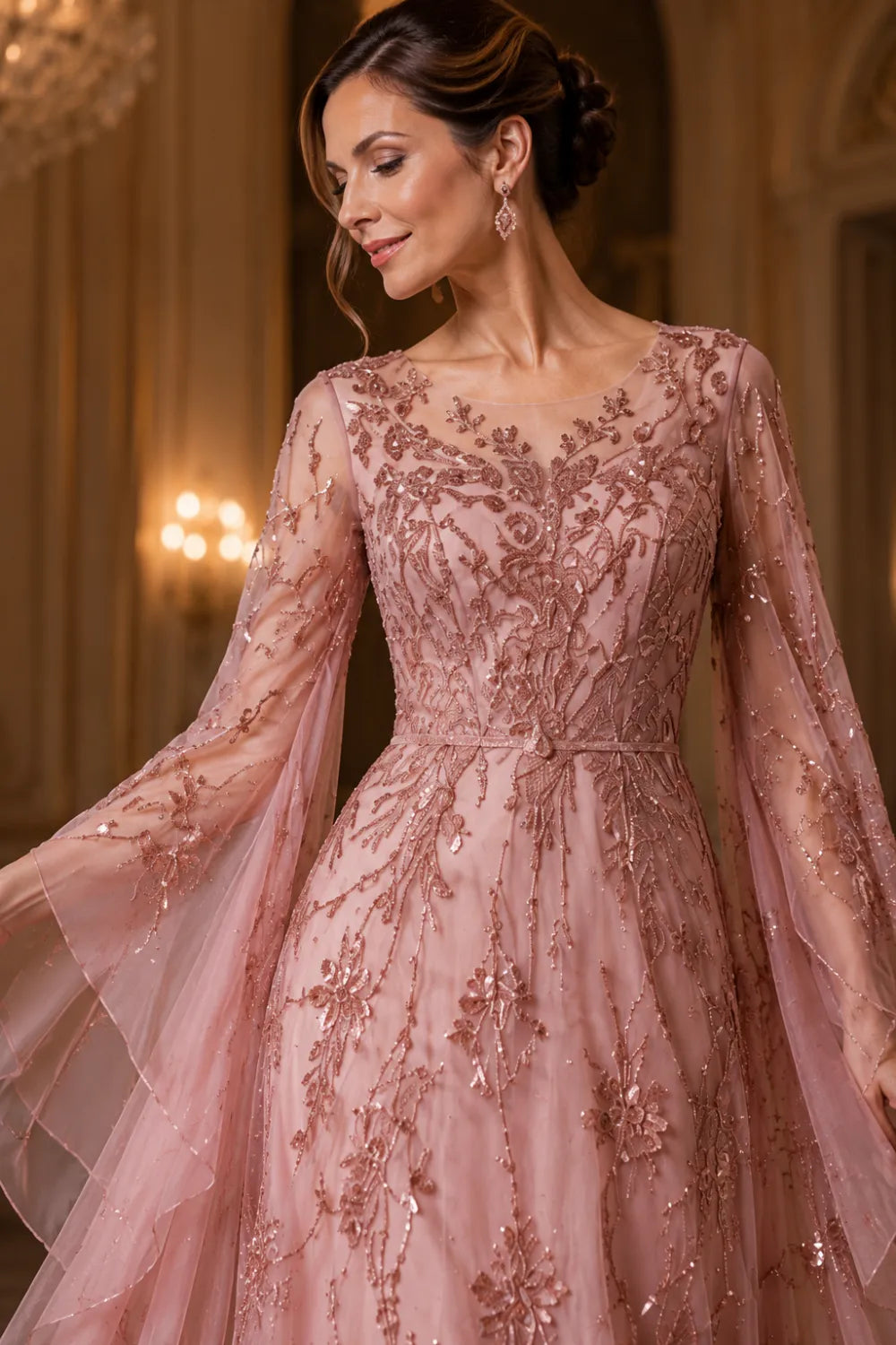 Pink Floral Embroidered Dress Elegant Mother of the Bride Gown