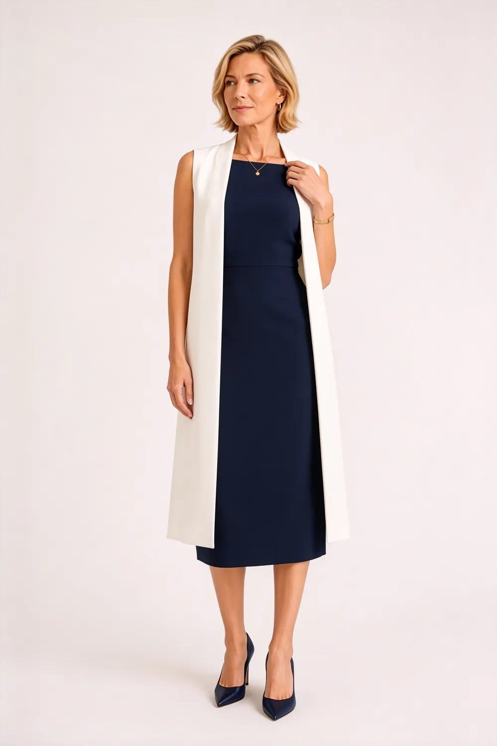 Sleeveless Sheath Midi Dress with Long Vest