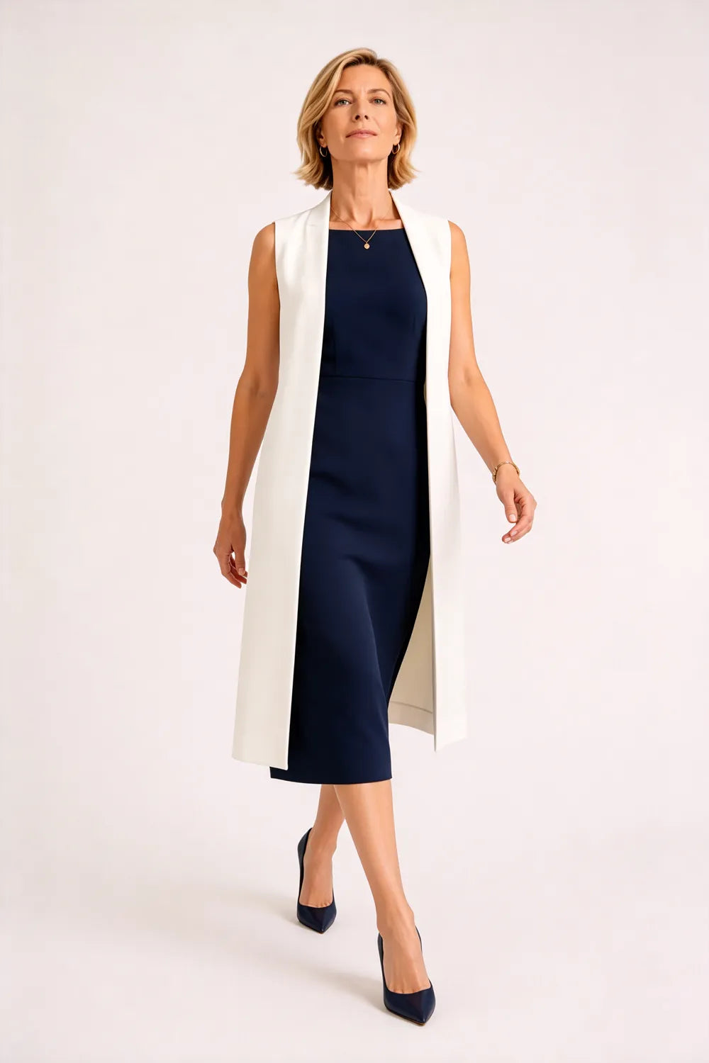 Sleeveless Sheath Midi Dress with Long Vest