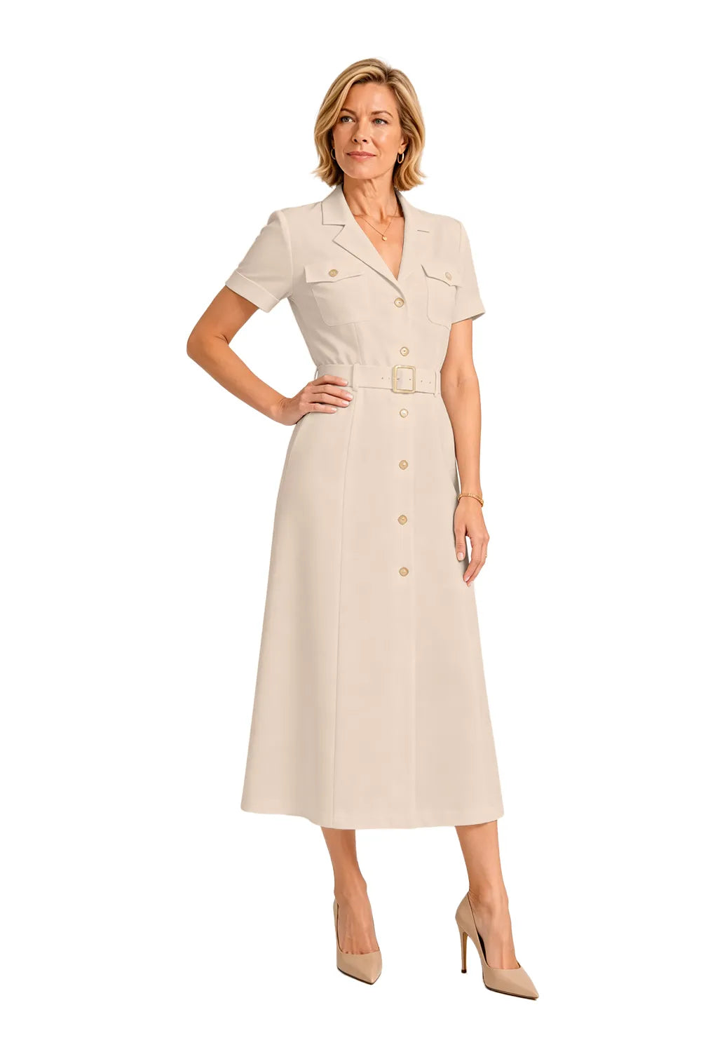 V-Neck Belted Midi Dress