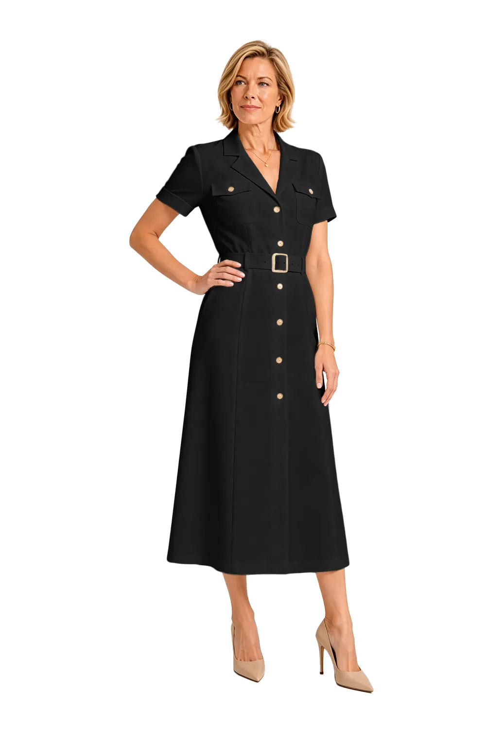 V-Neck Belted Midi Dress