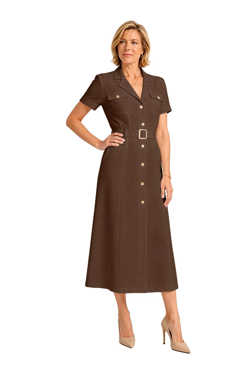 V-Neck Belted Midi Dress