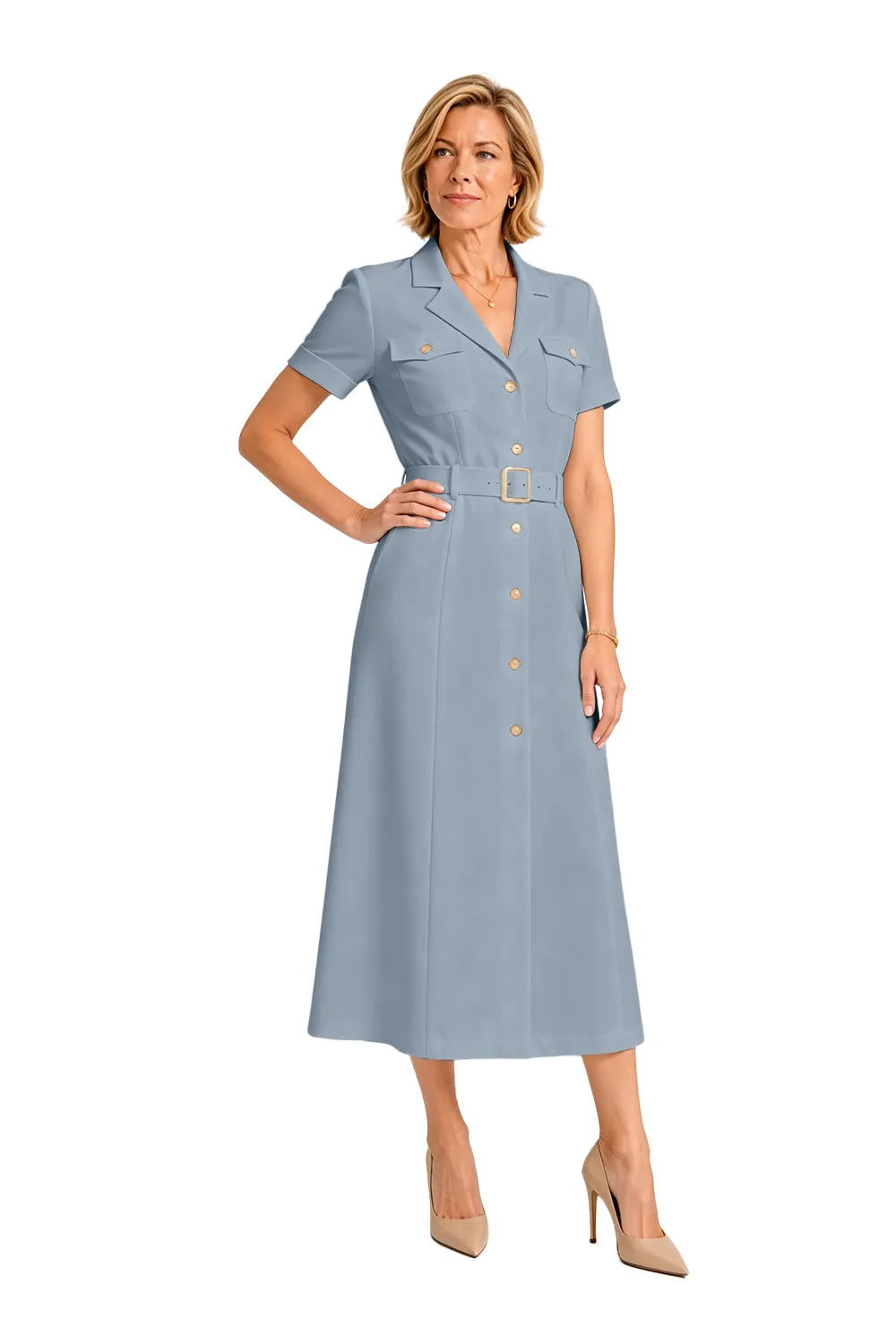 V-Neck Belted Midi Dress