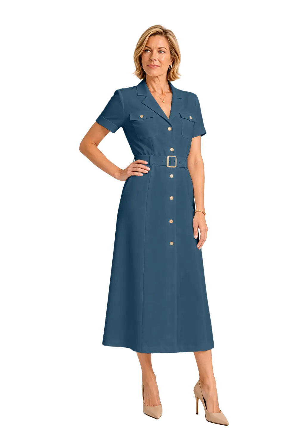 V-Neck Belted Midi Dress