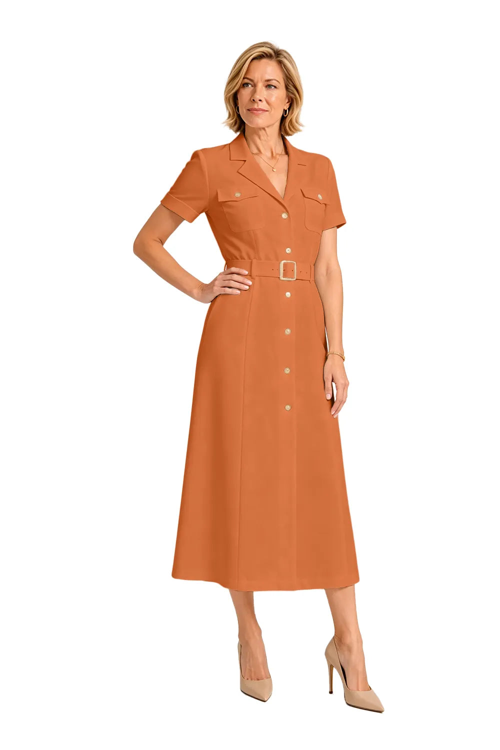 V-Neck Belted Midi Dress