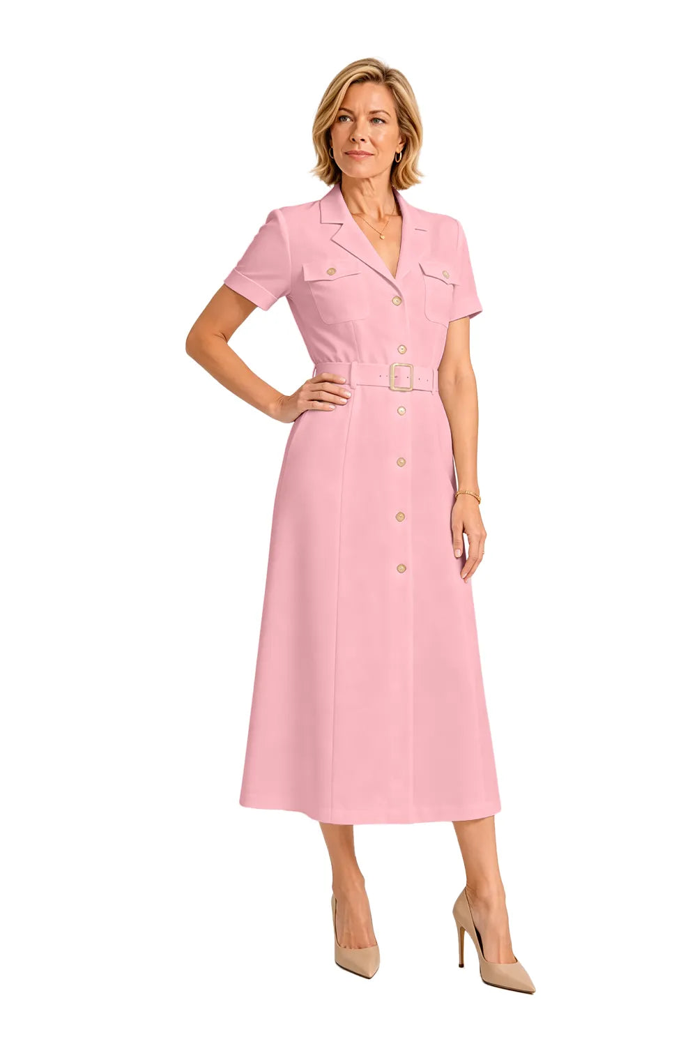 V-Neck Belted Midi Dress