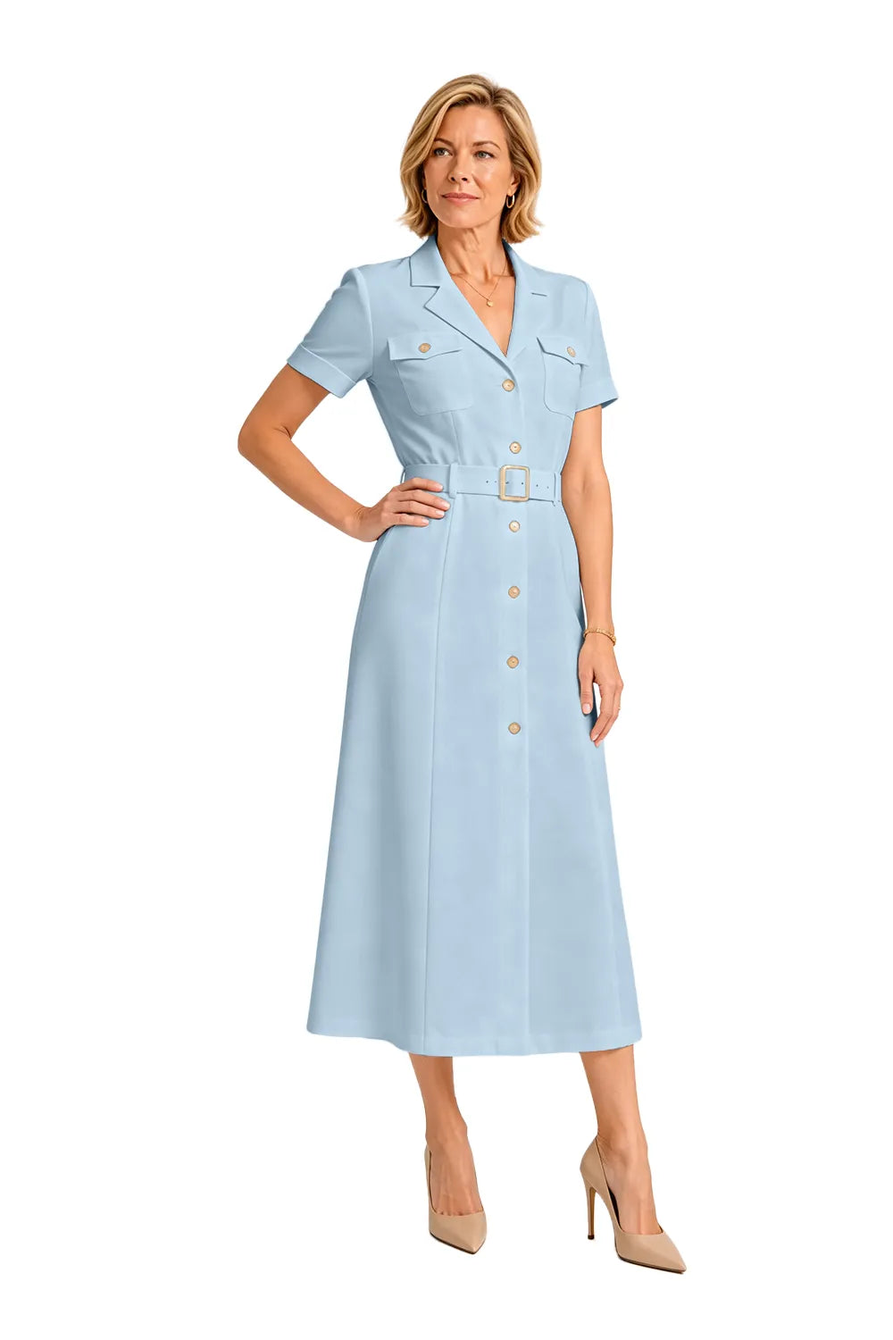V-Neck Belted Midi Dress