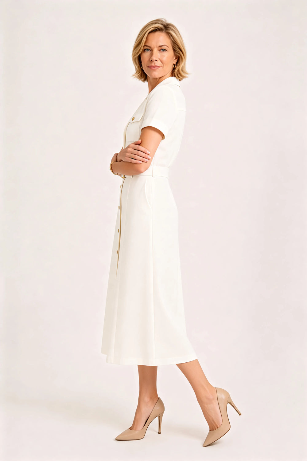 V-Neck Belted Midi Dress