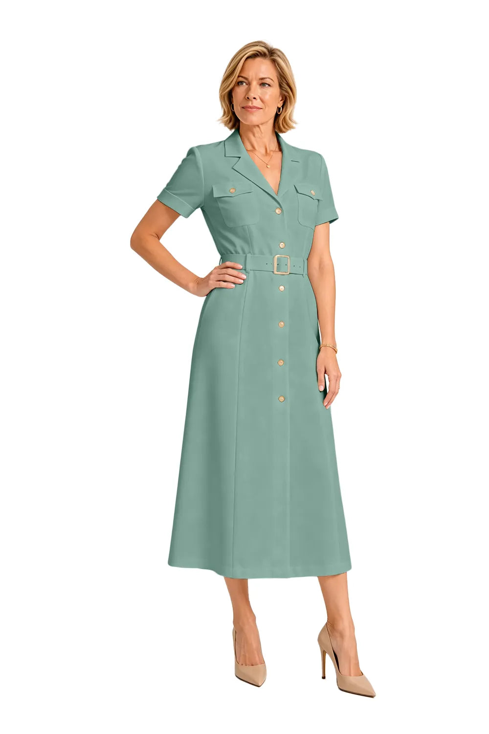 V-Neck Belted Midi Dress