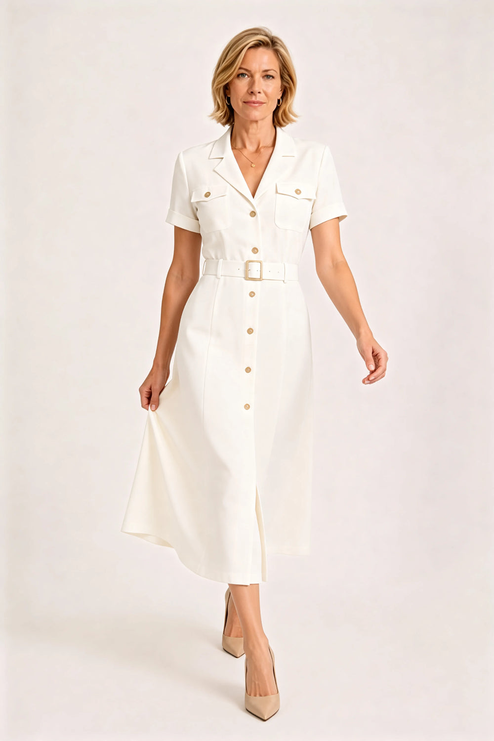 V-Neck Belted Midi Dress