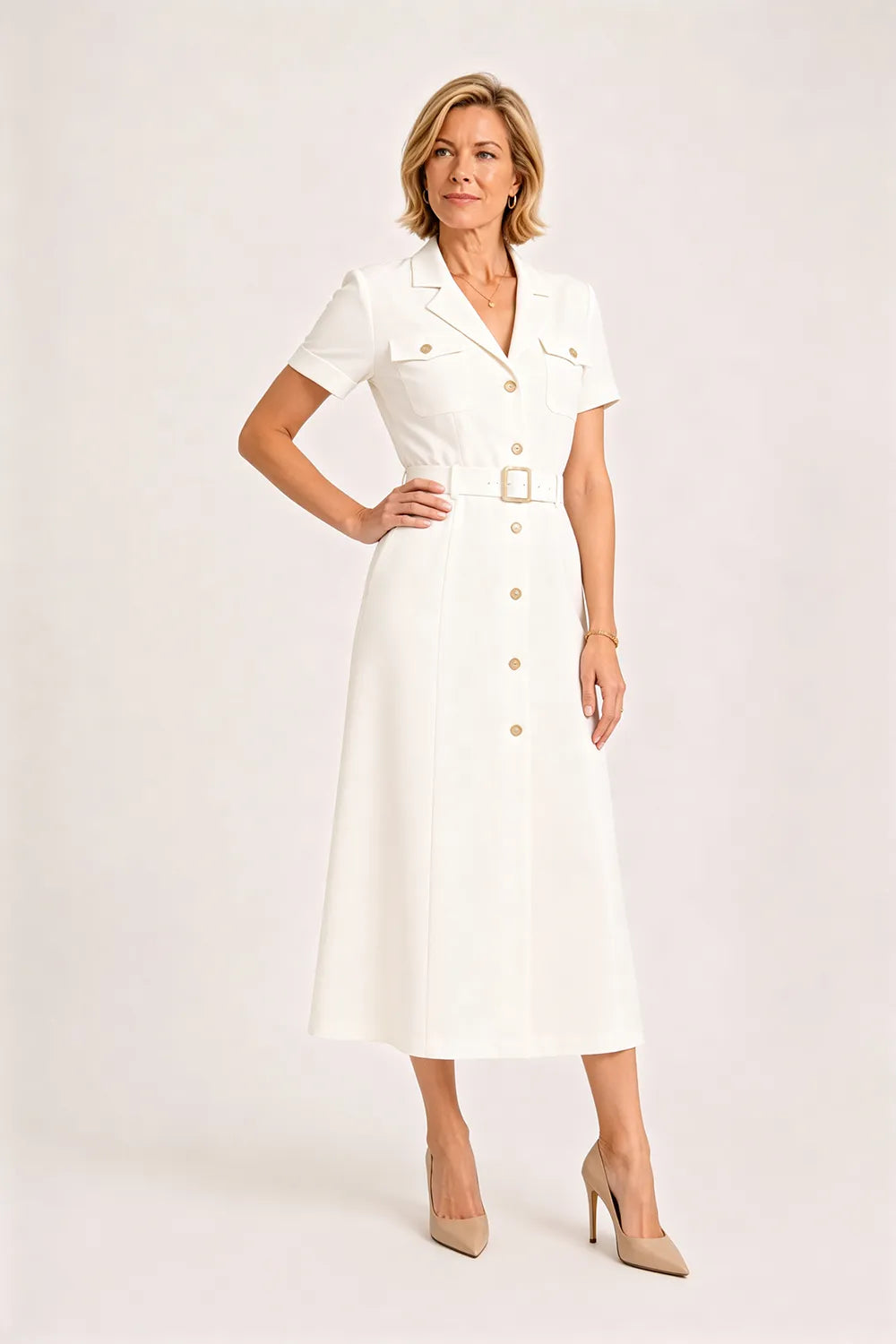 V-Neck Belted Midi Dress