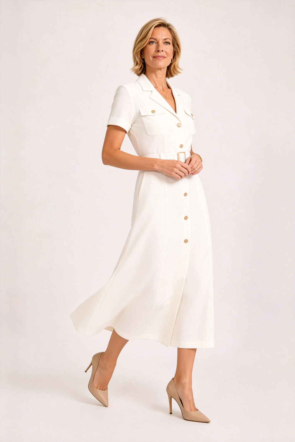 V-Neck Belted Midi Dress