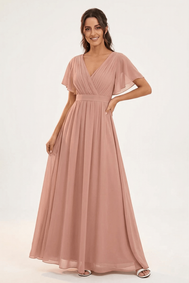 Elegant V-Neck Chiffon Maxi Dress with Ruffle Sleeves