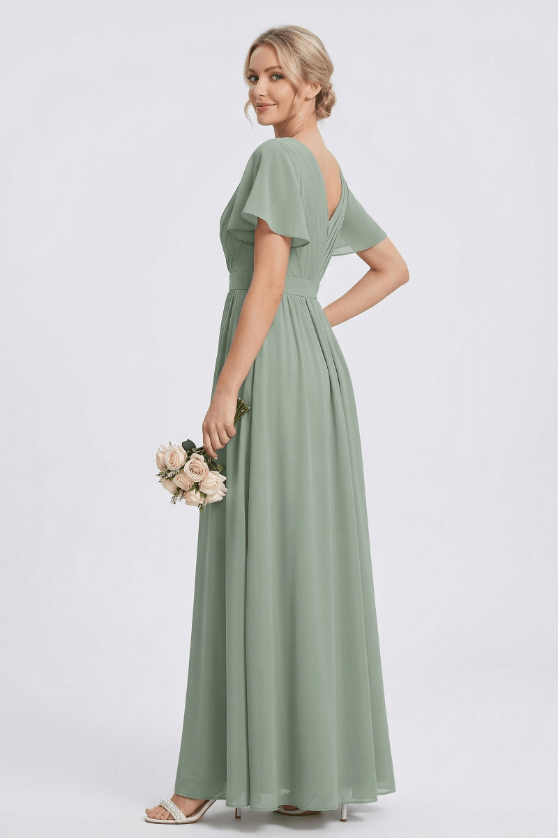 Elegant V-Neck Chiffon Maxi Dress with Ruffle Sleeves