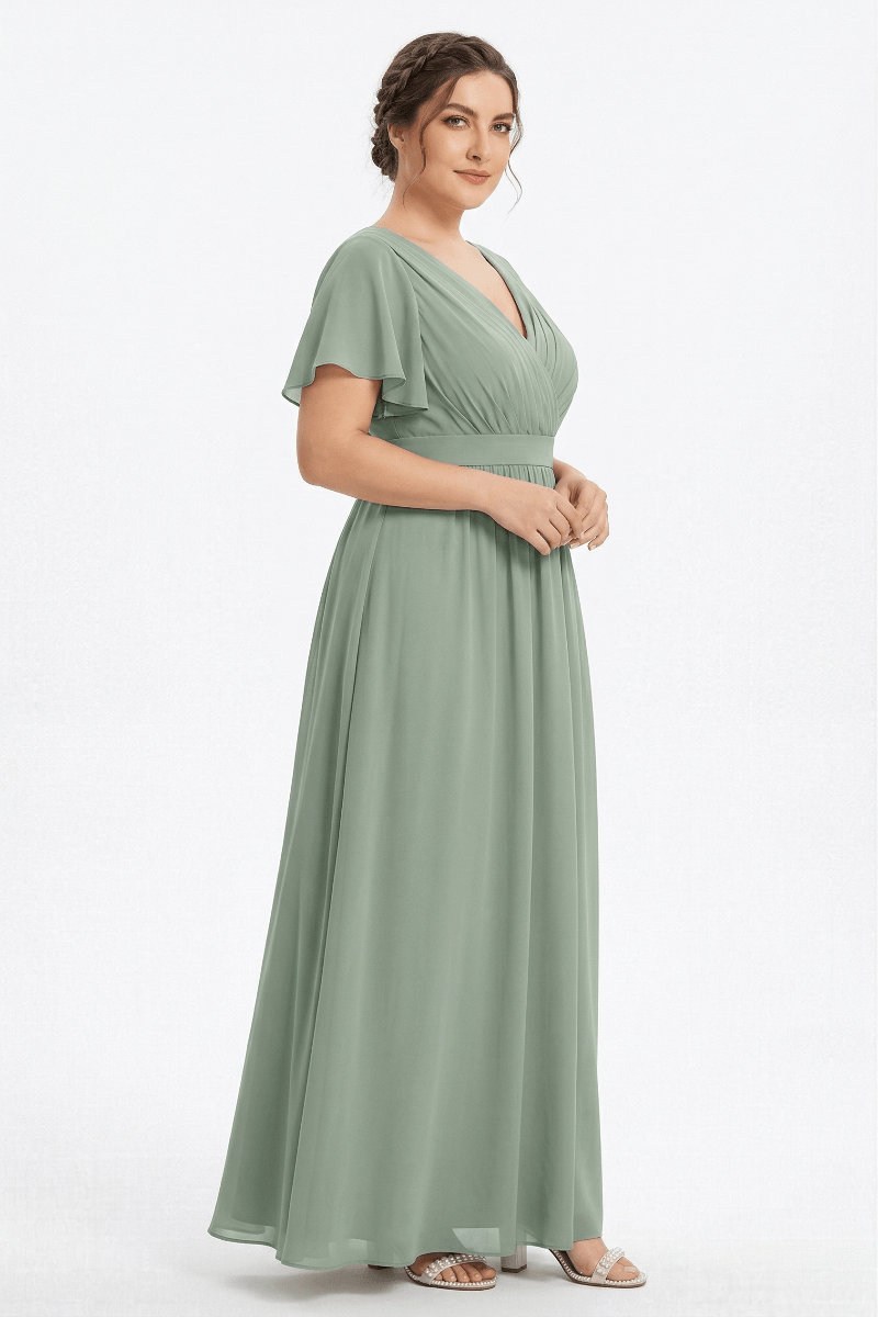 Elegant V-Neck Chiffon Maxi Dress with Ruffle Sleeves