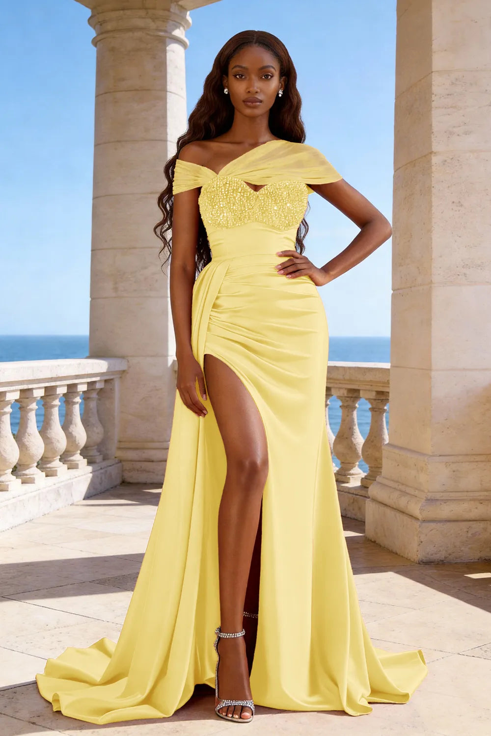 Mermaid Satin Evening Gown with Beaded Top and Slit
