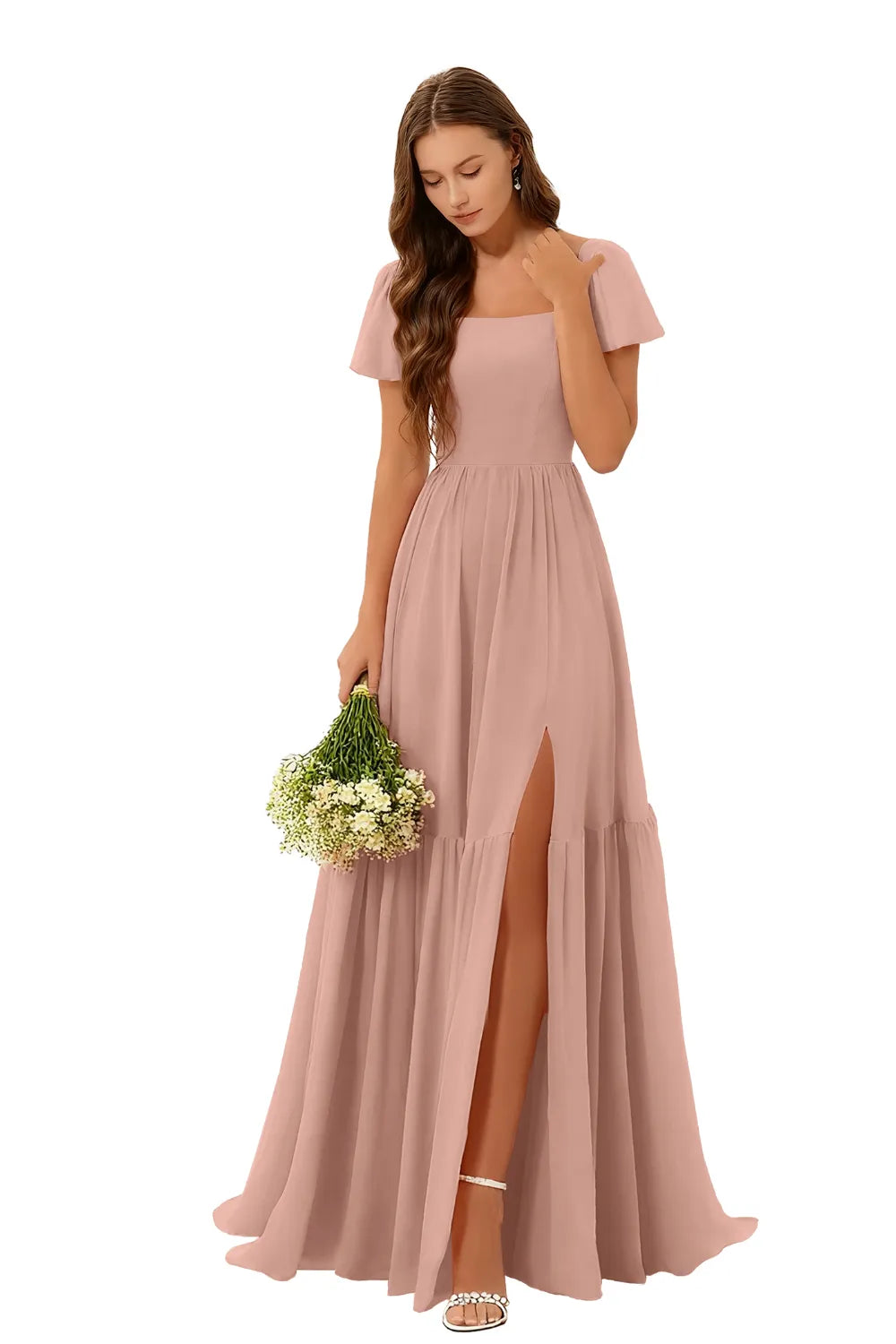 Square Neck Chiffon Bridesmaid Maxi Dress