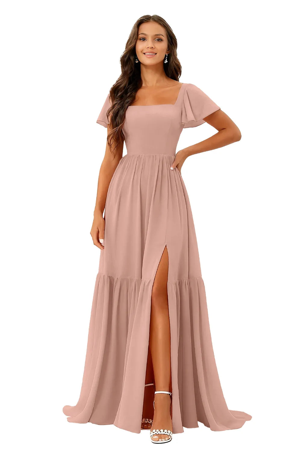 Square Neck Chiffon Bridesmaid Maxi Dress
