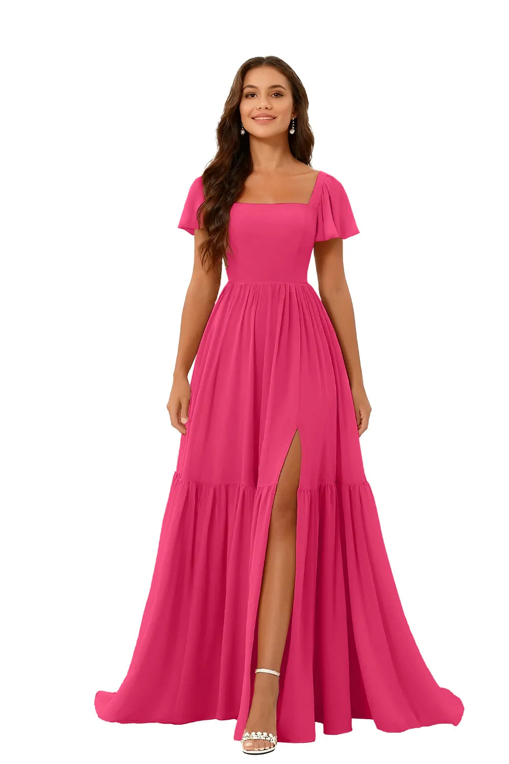 Square Neck Chiffon Bridesmaid Maxi Dress