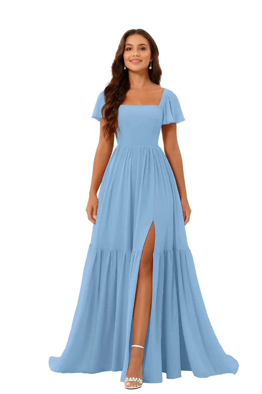 Square Neck Chiffon Bridesmaid Maxi Dress