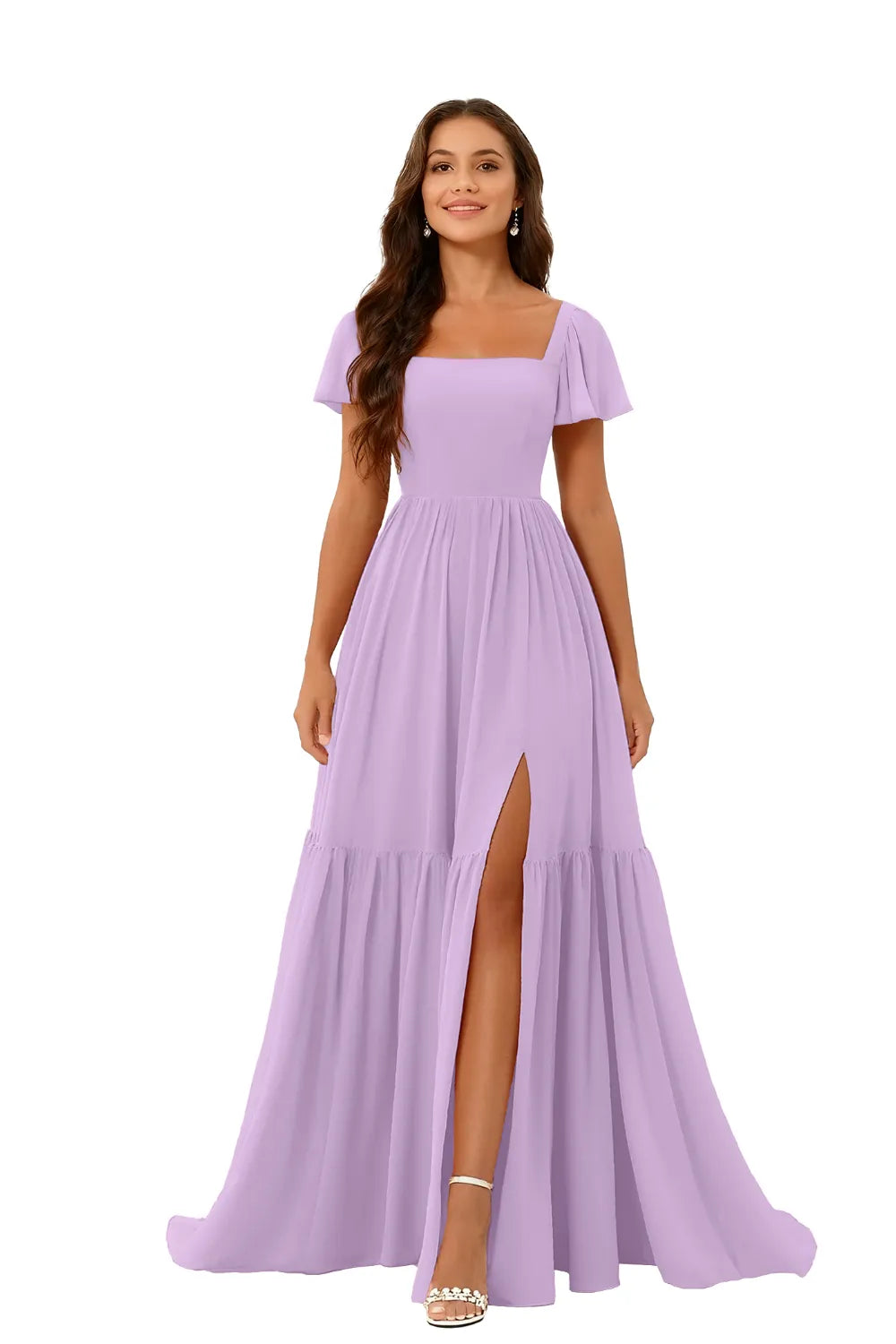 Square Neck Chiffon Bridesmaid Maxi Dress