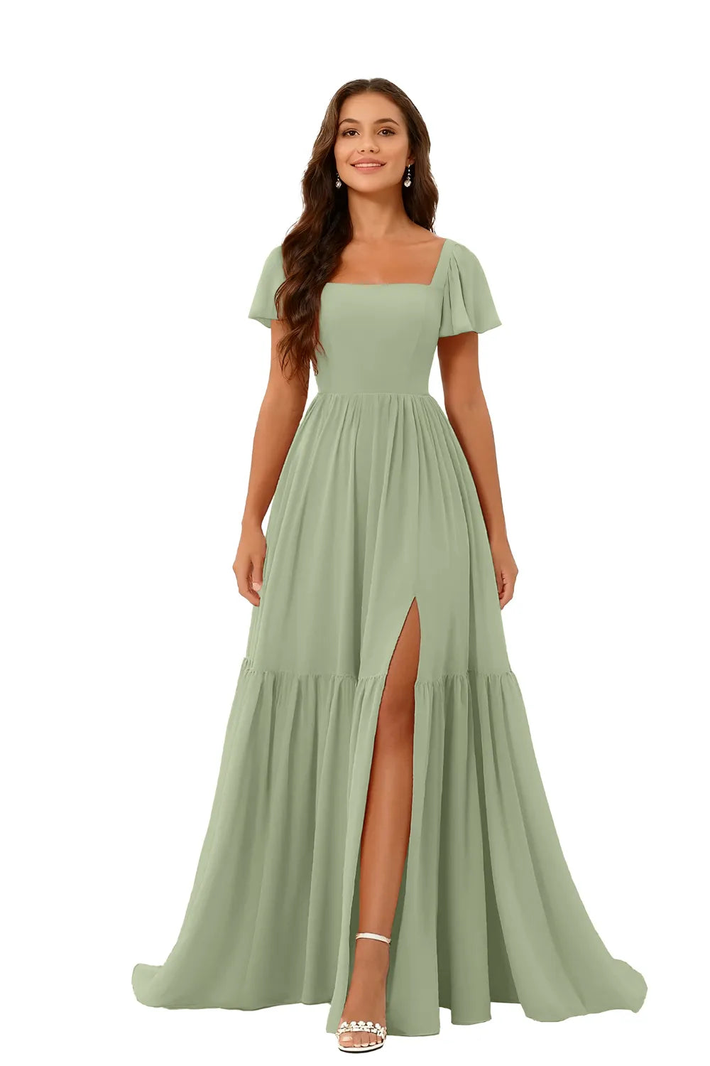 Square Neck Chiffon Bridesmaid Maxi Dress