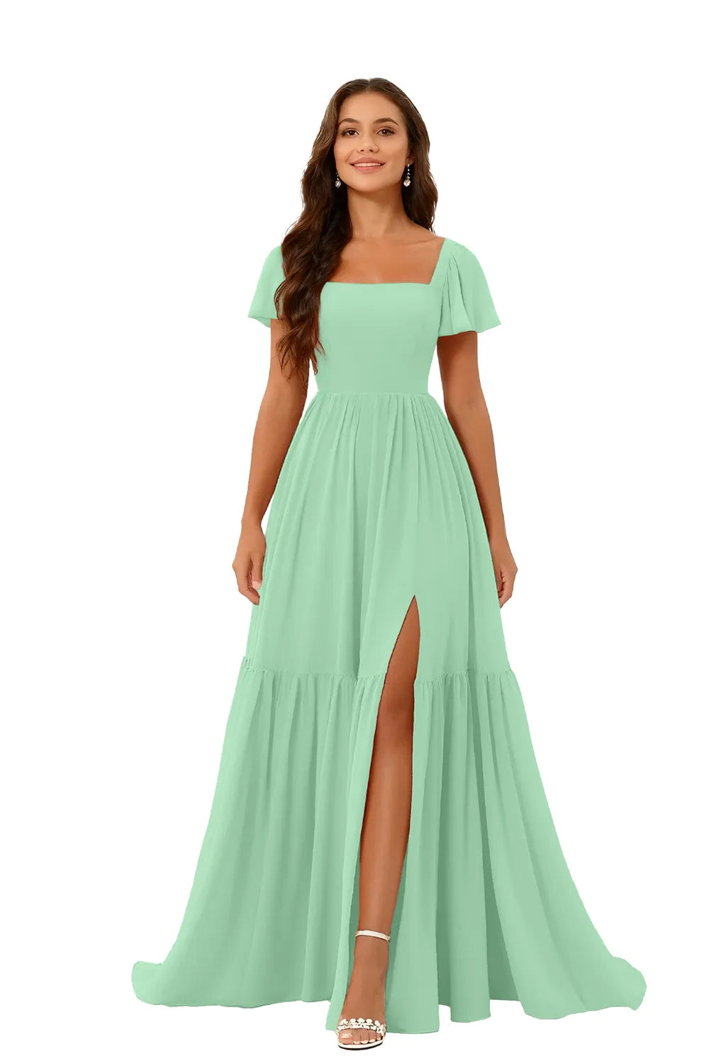 Square Neck Chiffon Bridesmaid Maxi Dress