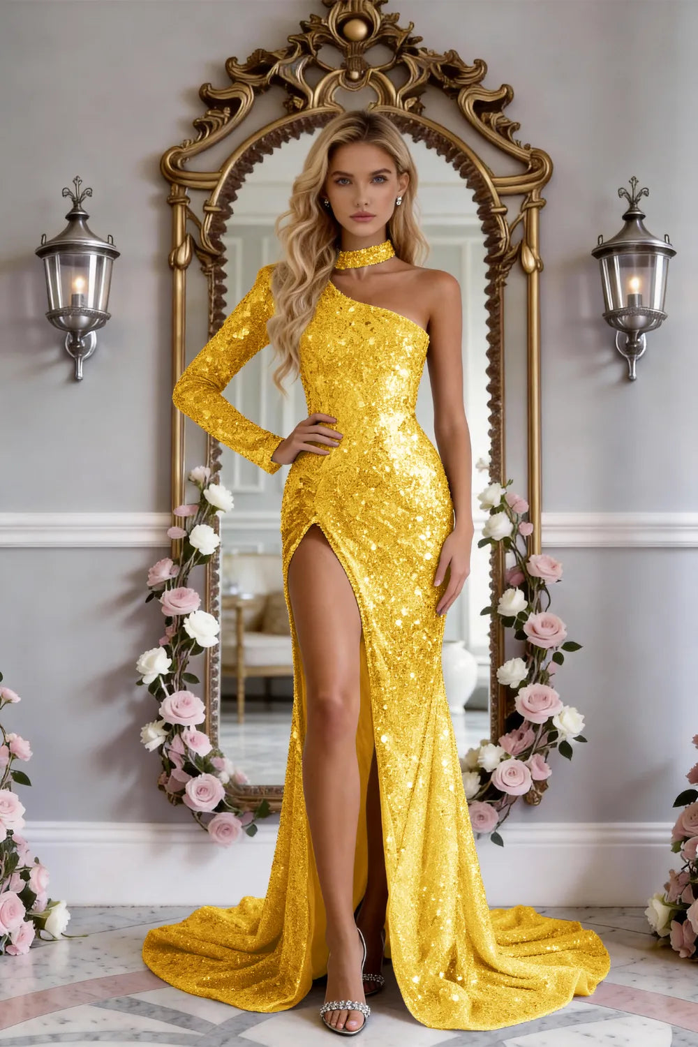 Starlight One‑Shoulder Sequin High Slit Evening Gown Prom Dress