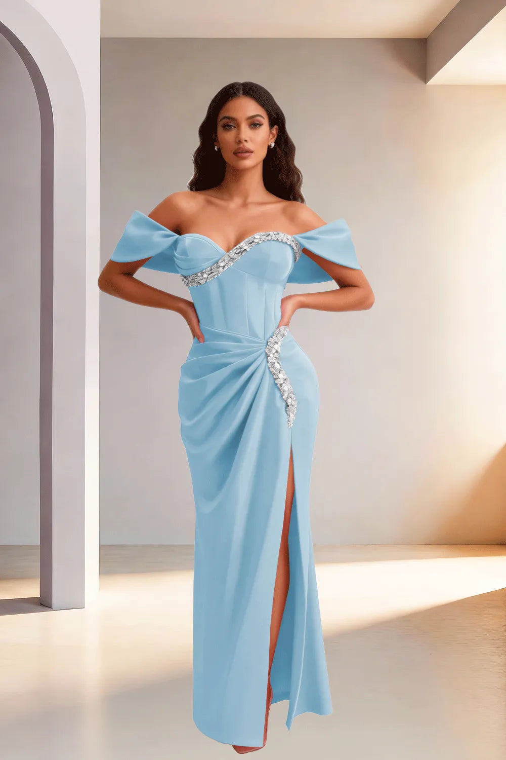 Off Shoulder High Slit Satin Evening Gown