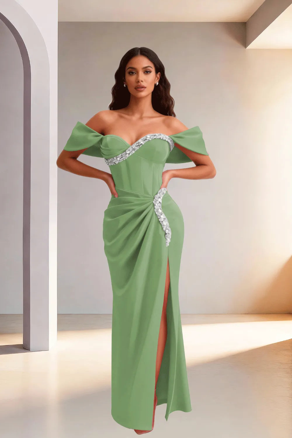 Off Shoulder High Slit Satin Evening Gown
