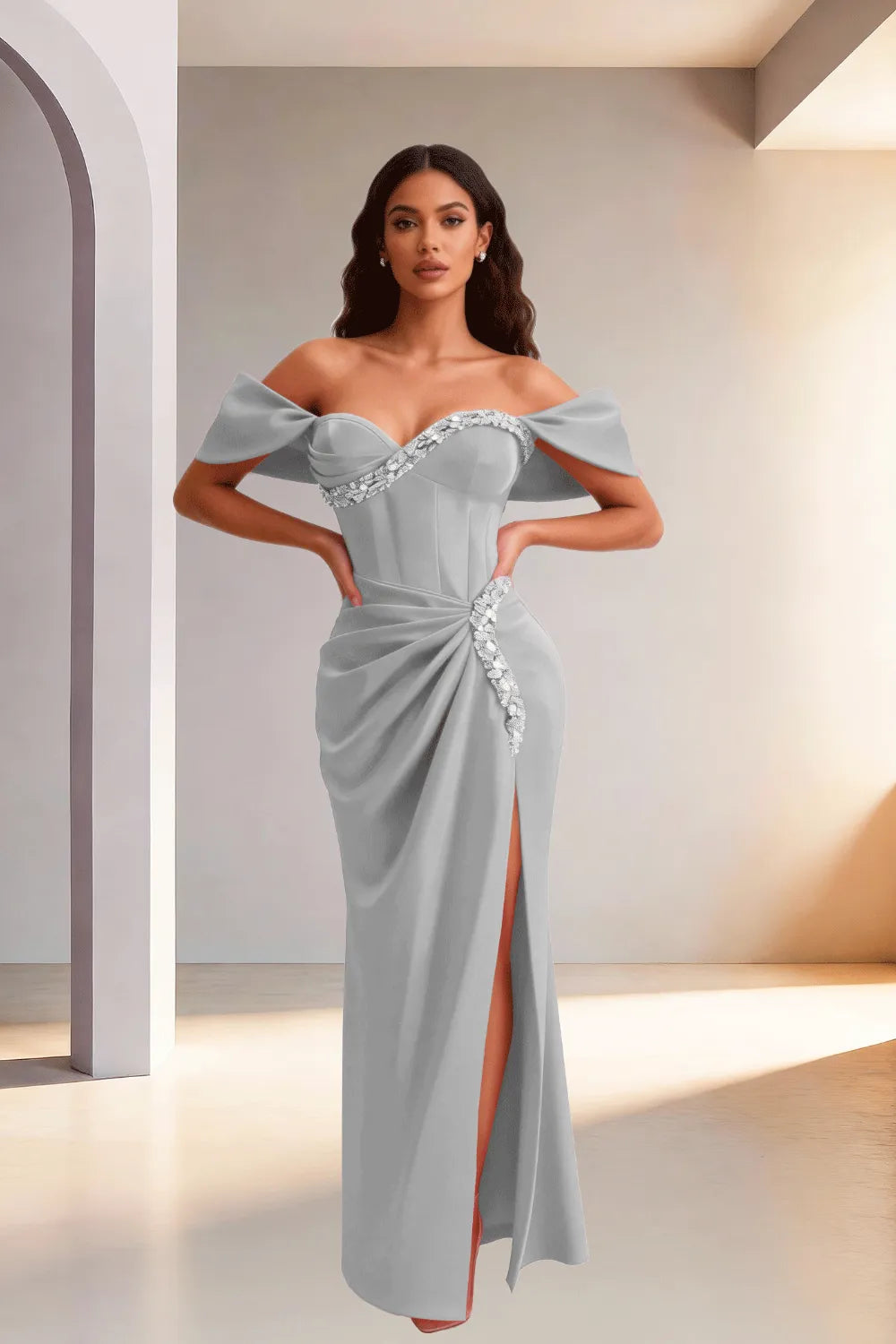 Off Shoulder High Slit Satin Evening Gown