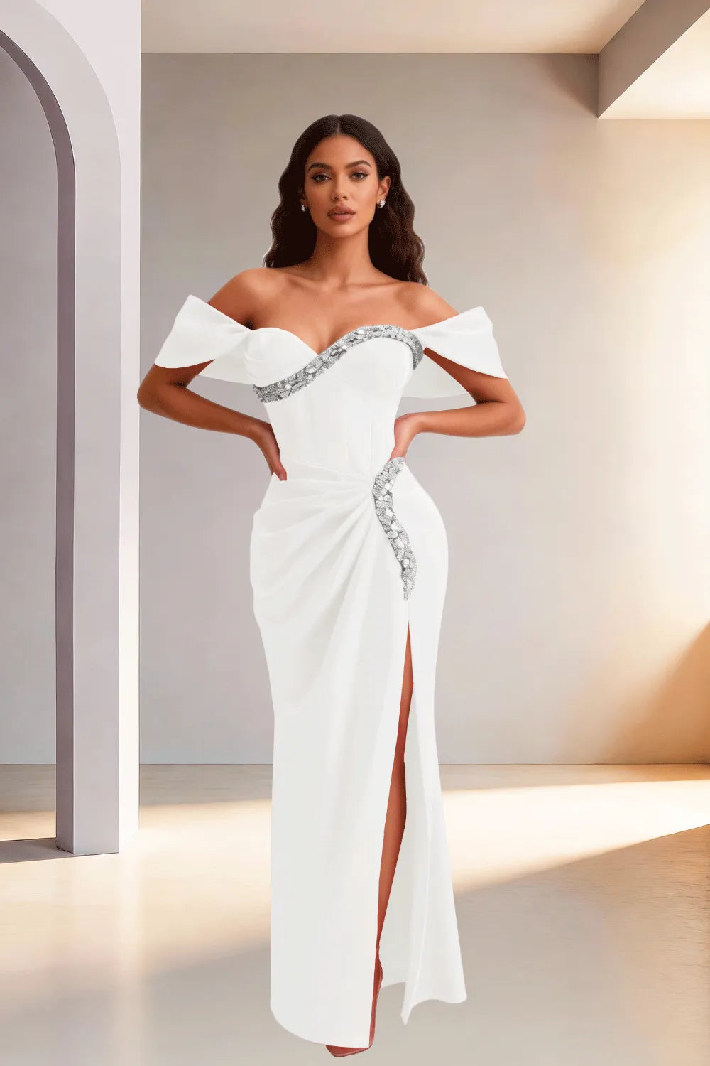 Off Shoulder High Slit Satin Evening Gown