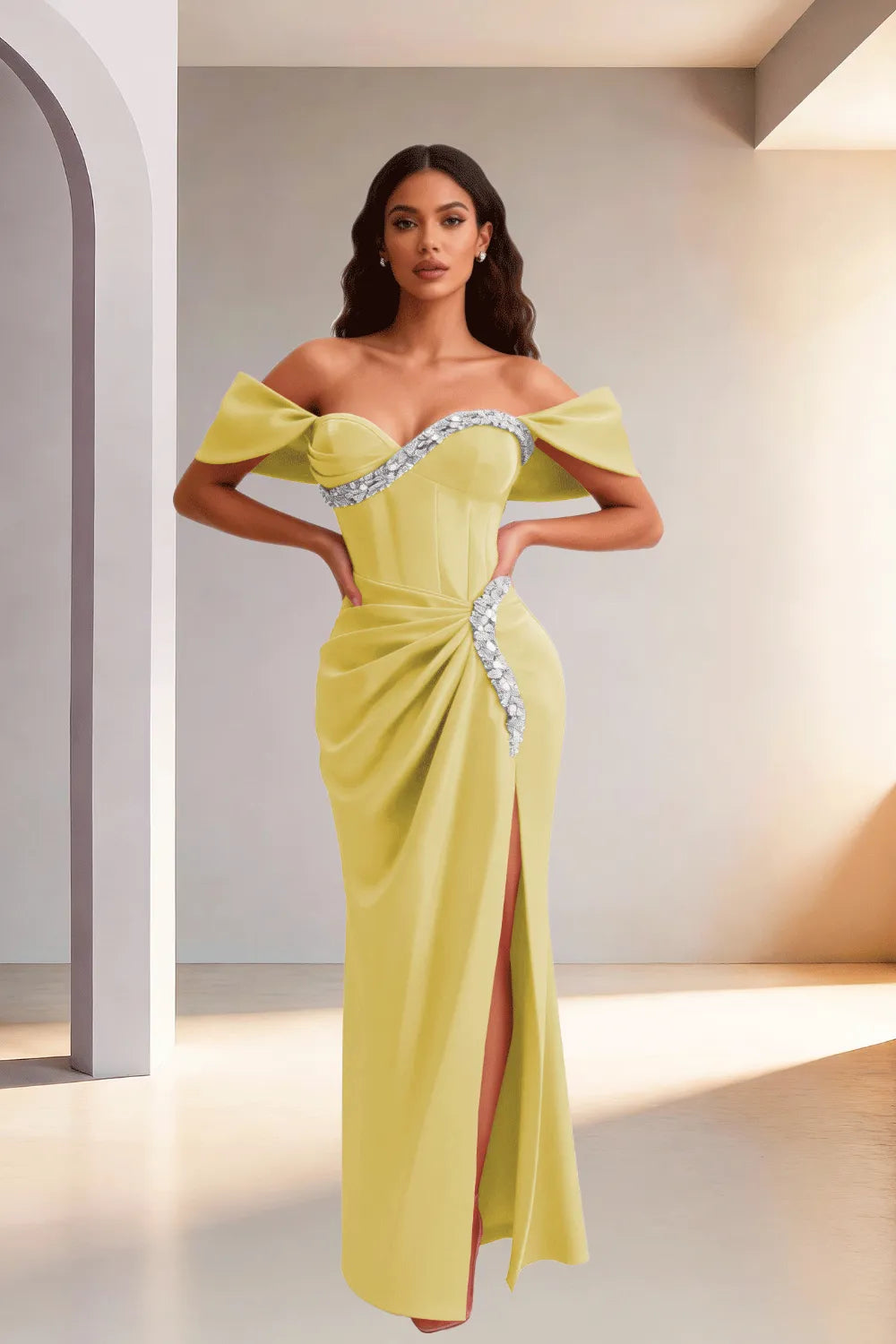 Off Shoulder High Slit Satin Evening Gown
