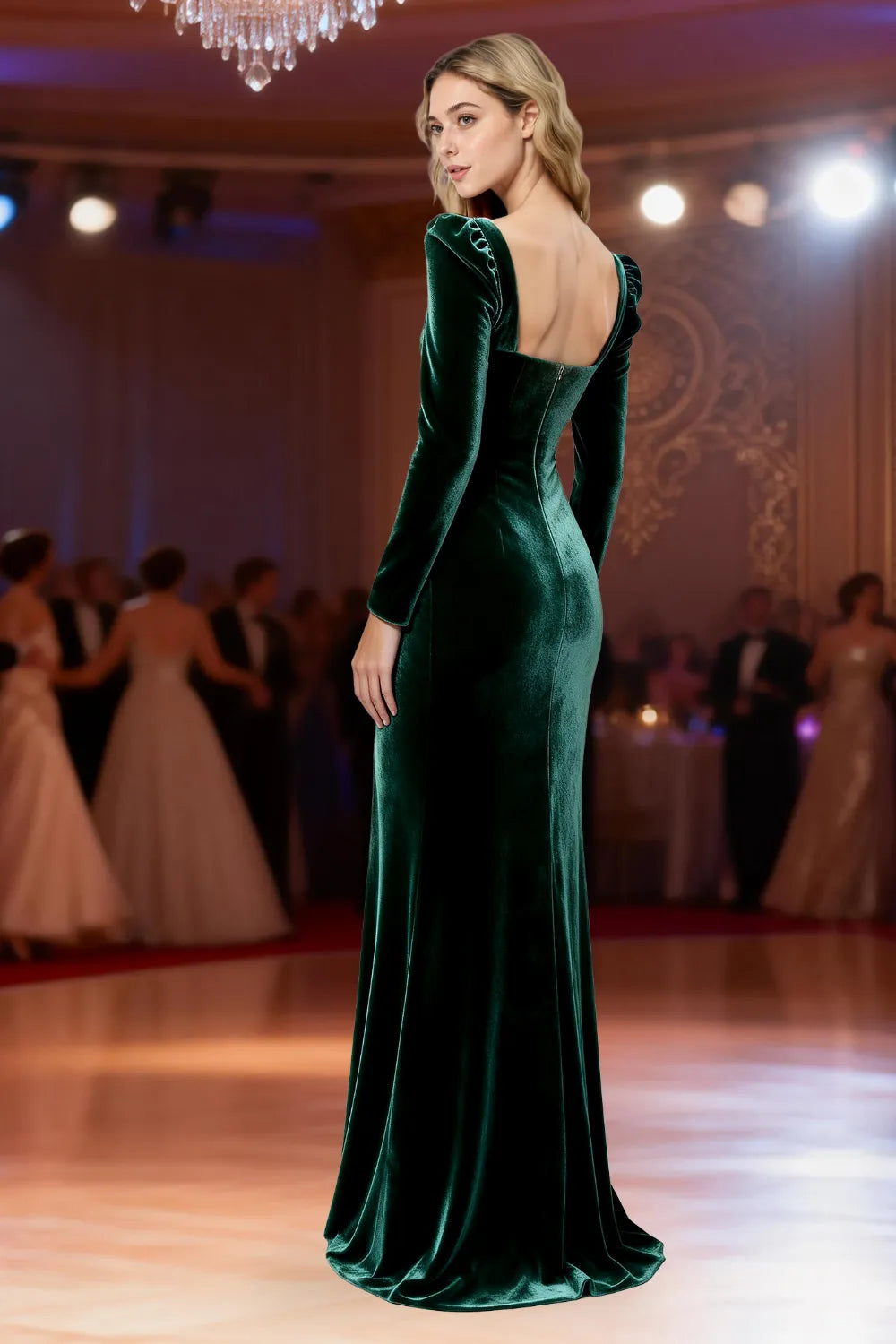 Velvet Symphony Long Sleeve Slit Evening Gown