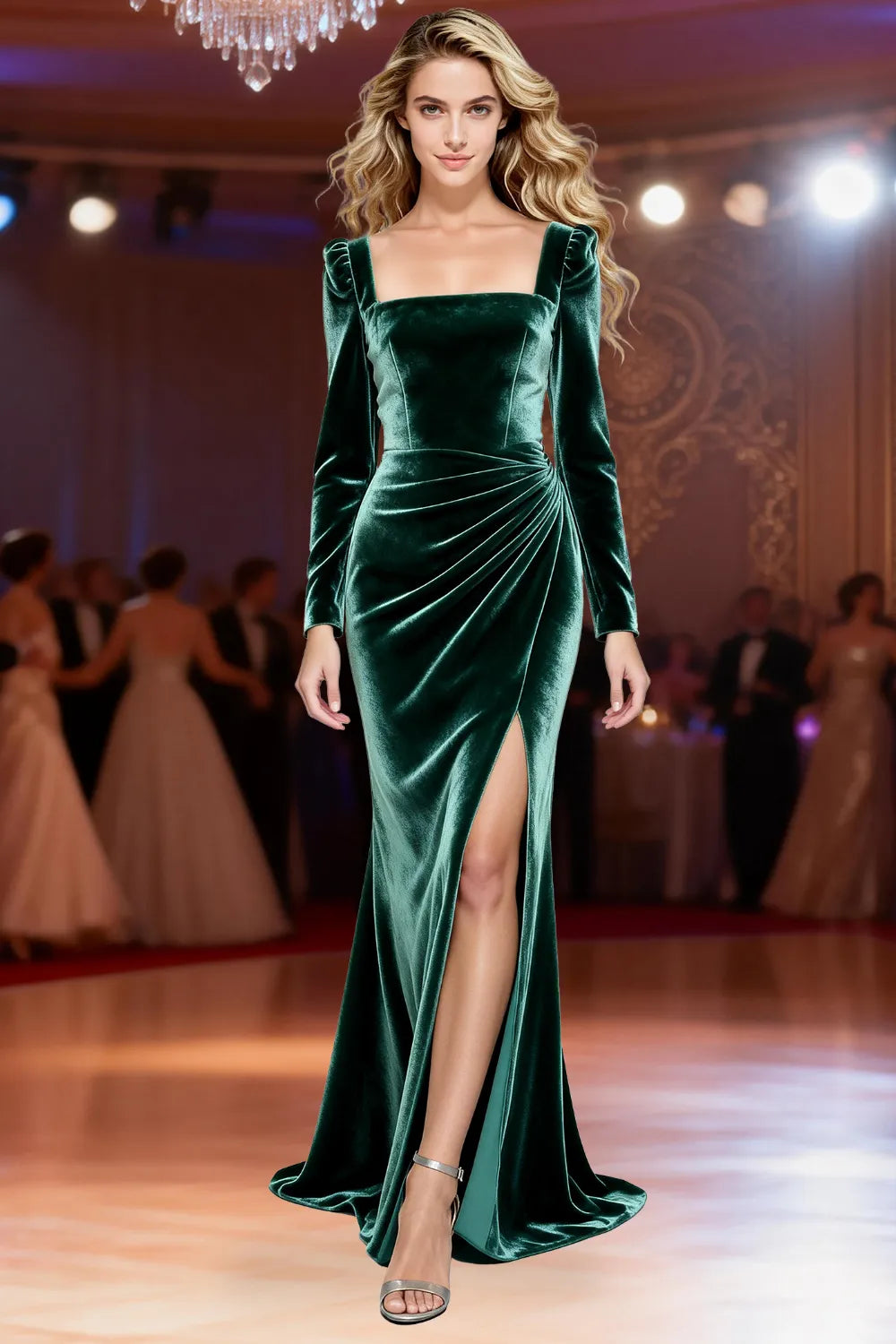 Velvet Symphony Long Sleeve Slit Evening Gown
