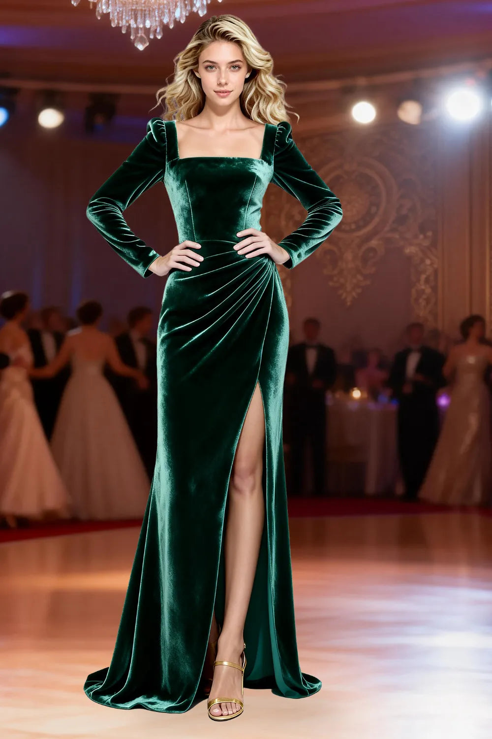 Velvet Symphony Long Sleeve Slit Evening Gown