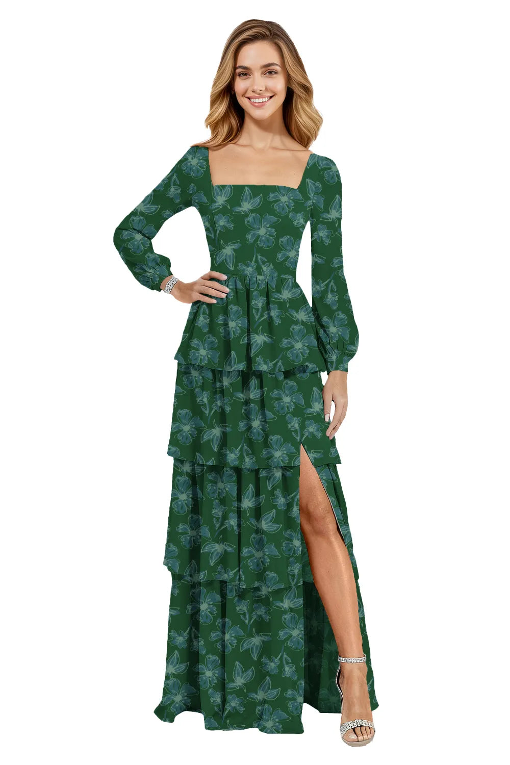 Square Neck Long Sleeve Floral Chiffon Maxi Dress