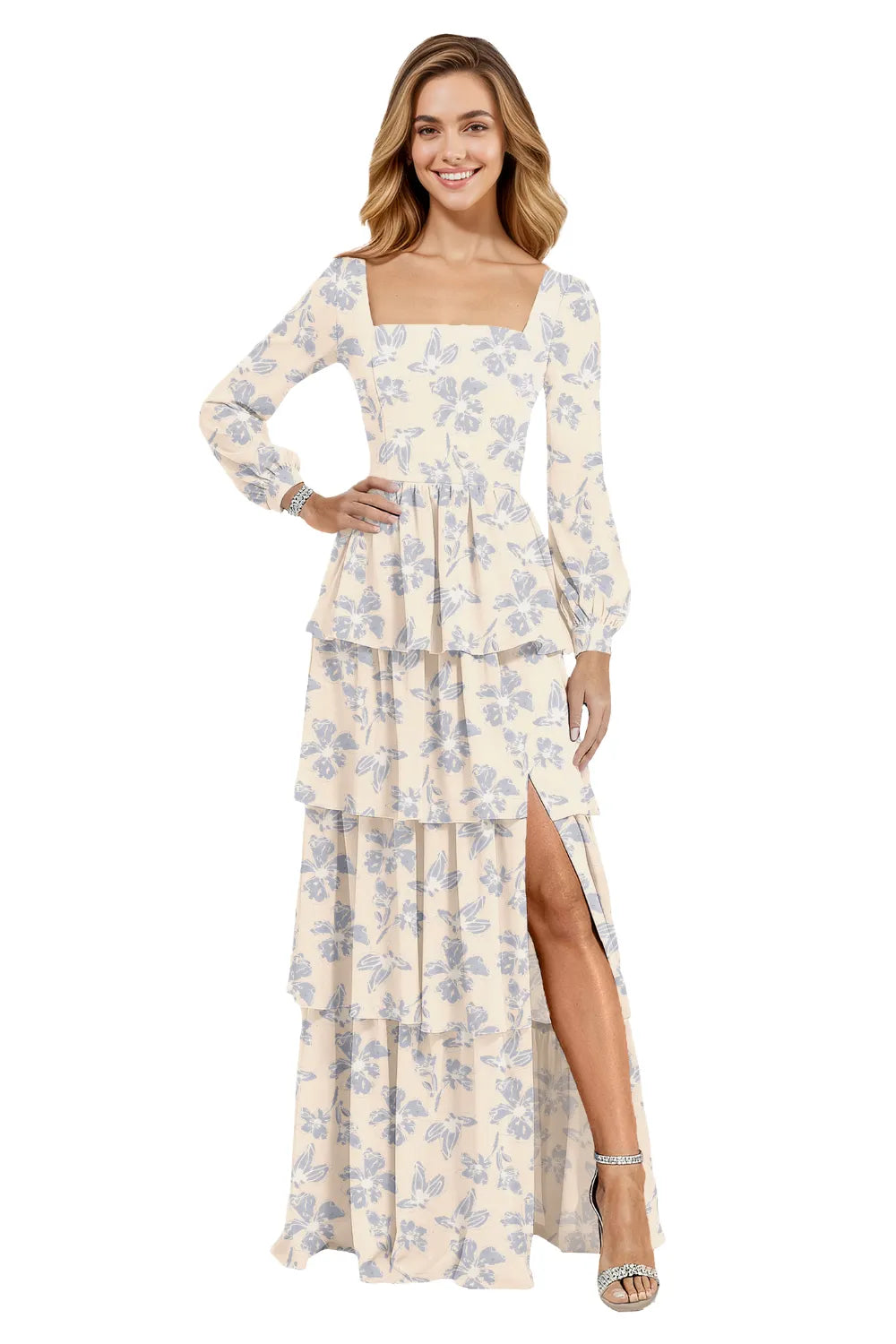 Square Neck Long Sleeve Floral Chiffon Maxi Dress