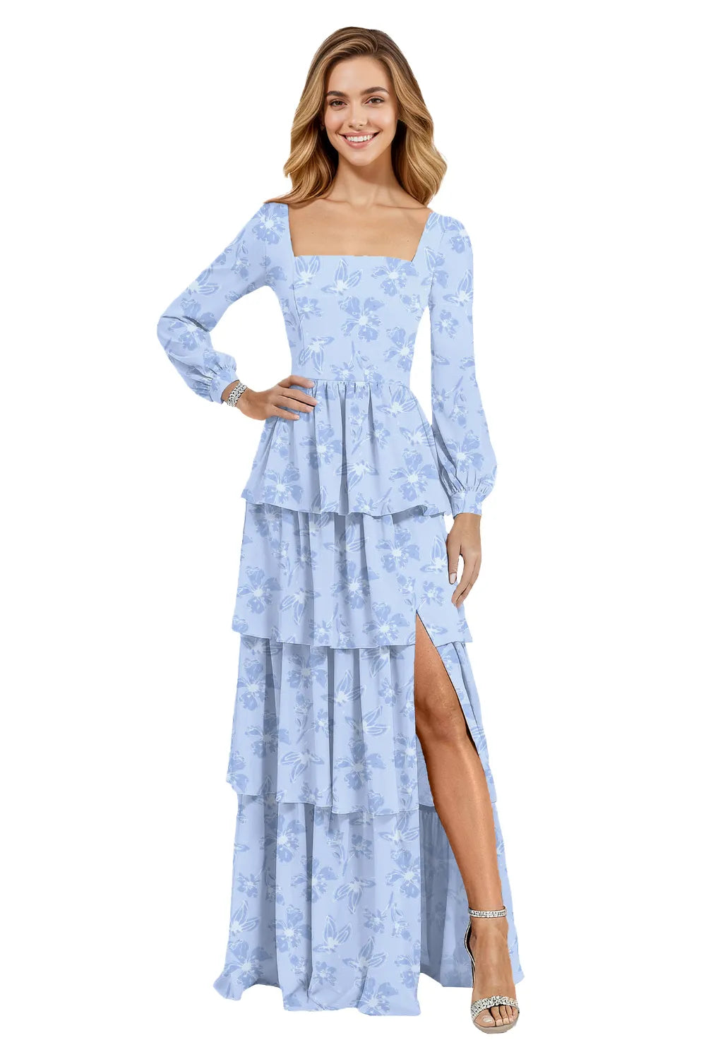 Square Neck Long Sleeve Floral Chiffon Maxi Dress
