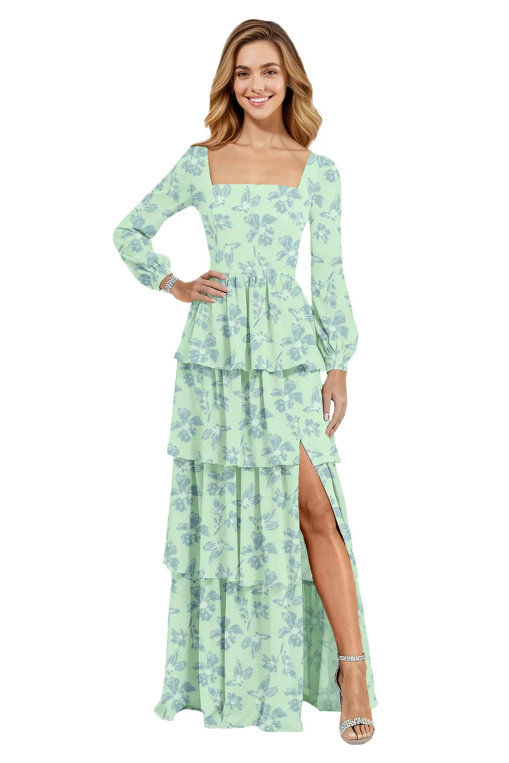 Square Neck Long Sleeve Floral Chiffon Maxi Dress