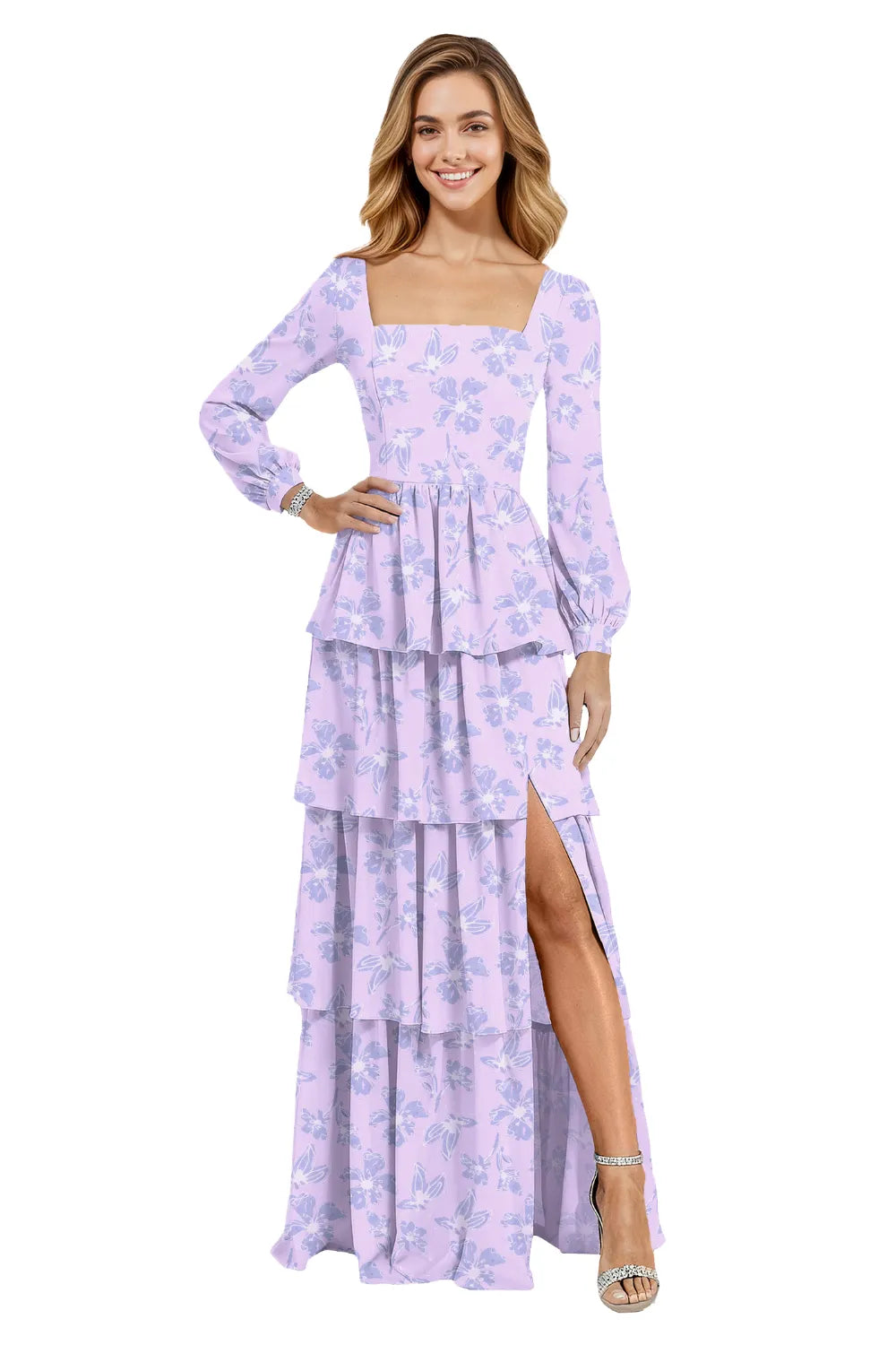 Square Neck Long Sleeve Floral Chiffon Maxi Dress