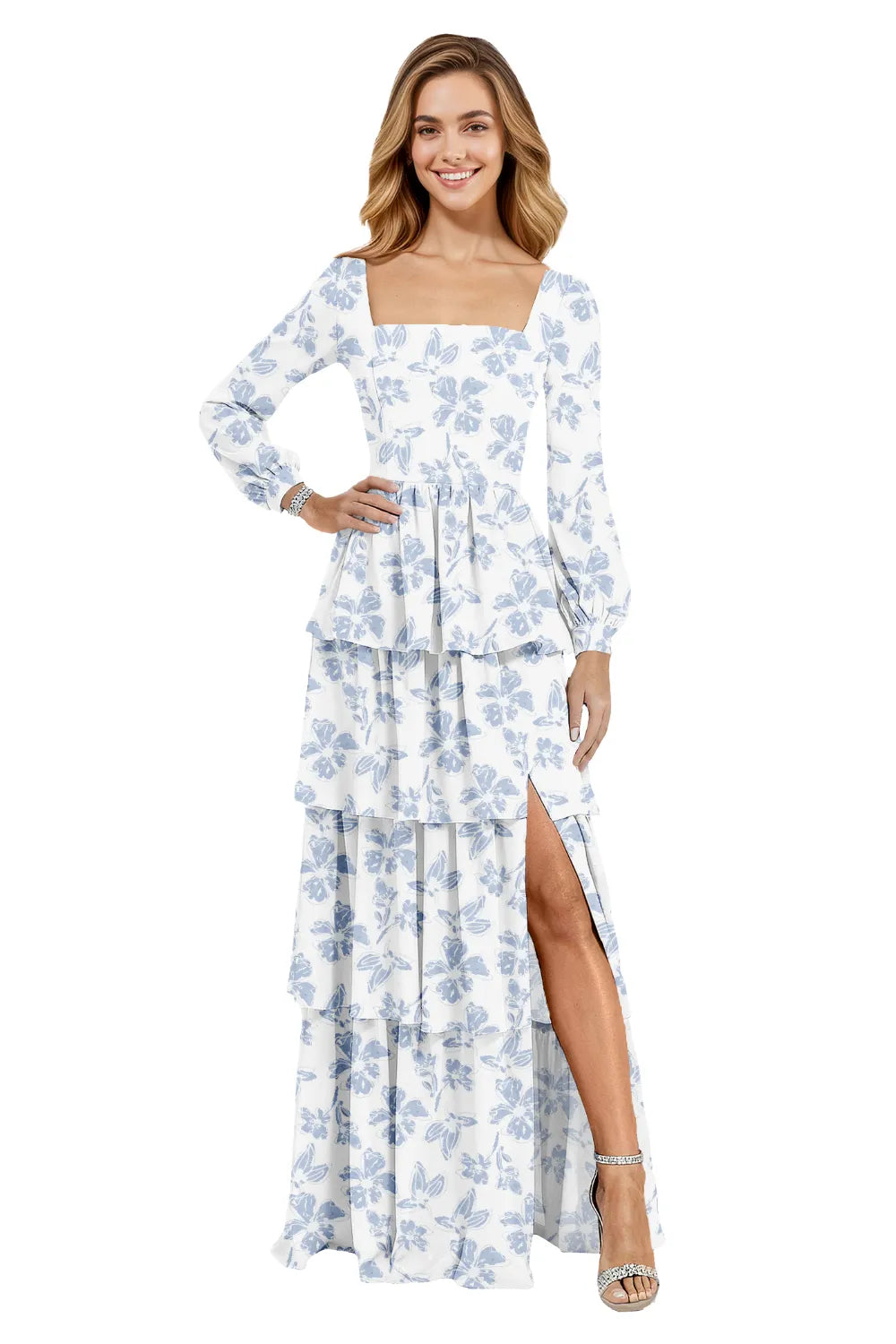 Square Neck Long Sleeve Floral Chiffon Maxi Dress