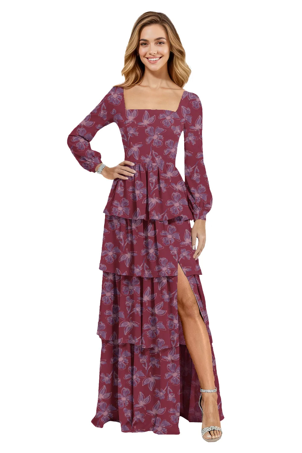 Square Neck Long Sleeve Floral Chiffon Maxi Dress