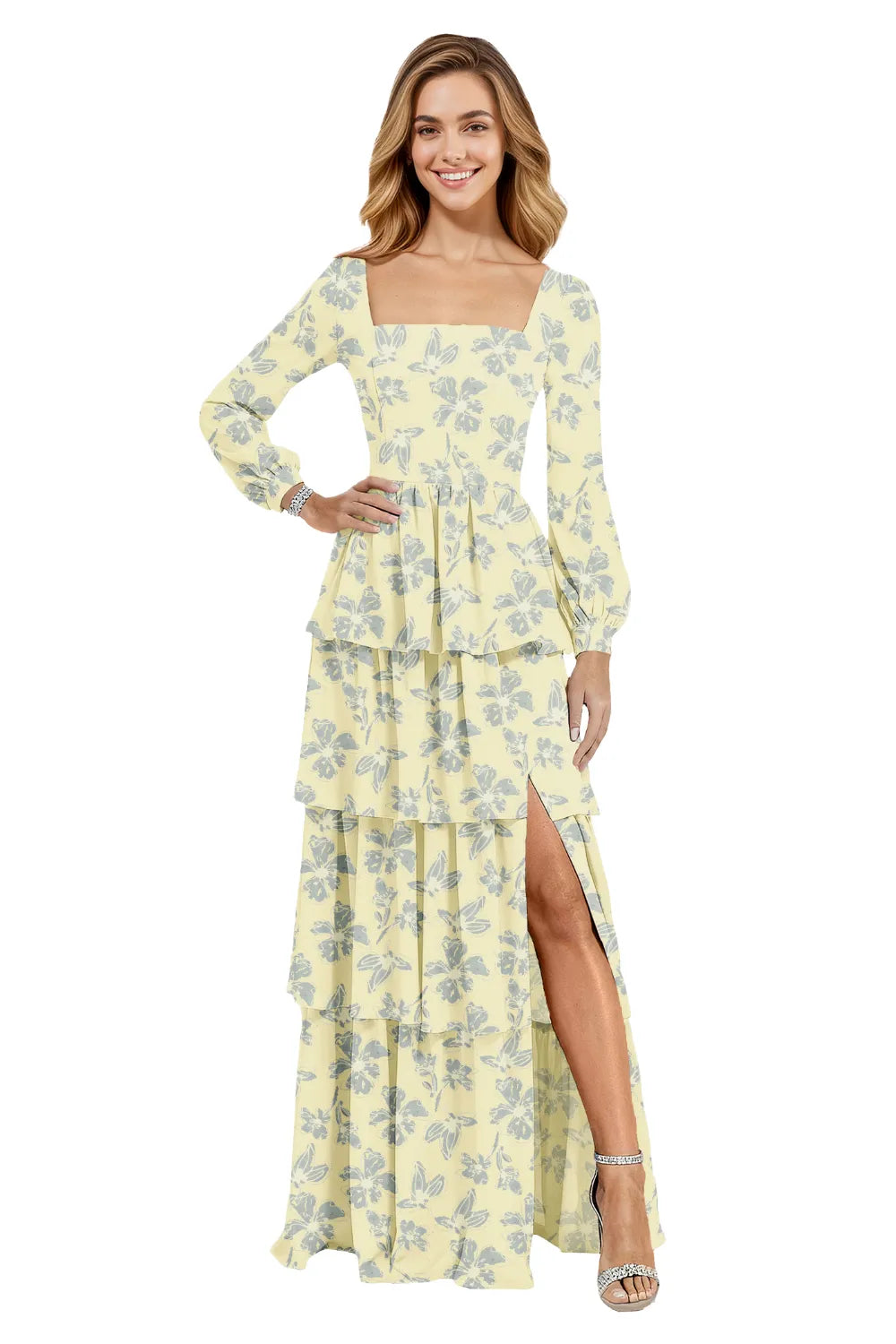 Square Neck Long Sleeve Floral Chiffon Maxi Dress