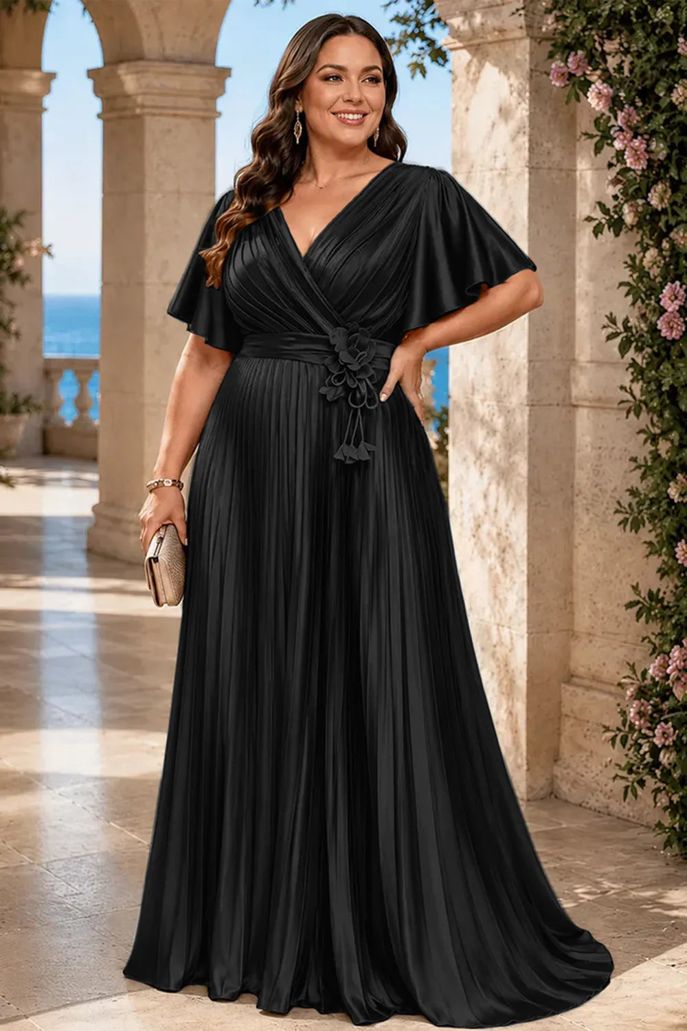 Flowy Pleated Satin Maxi Evening Dress