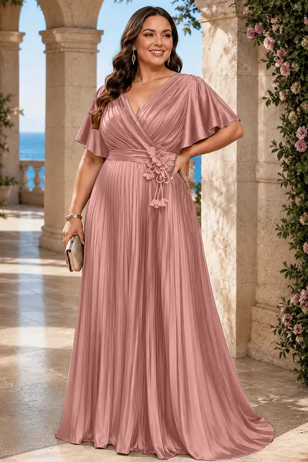 Flowy Pleated Satin Maxi Evening Dress