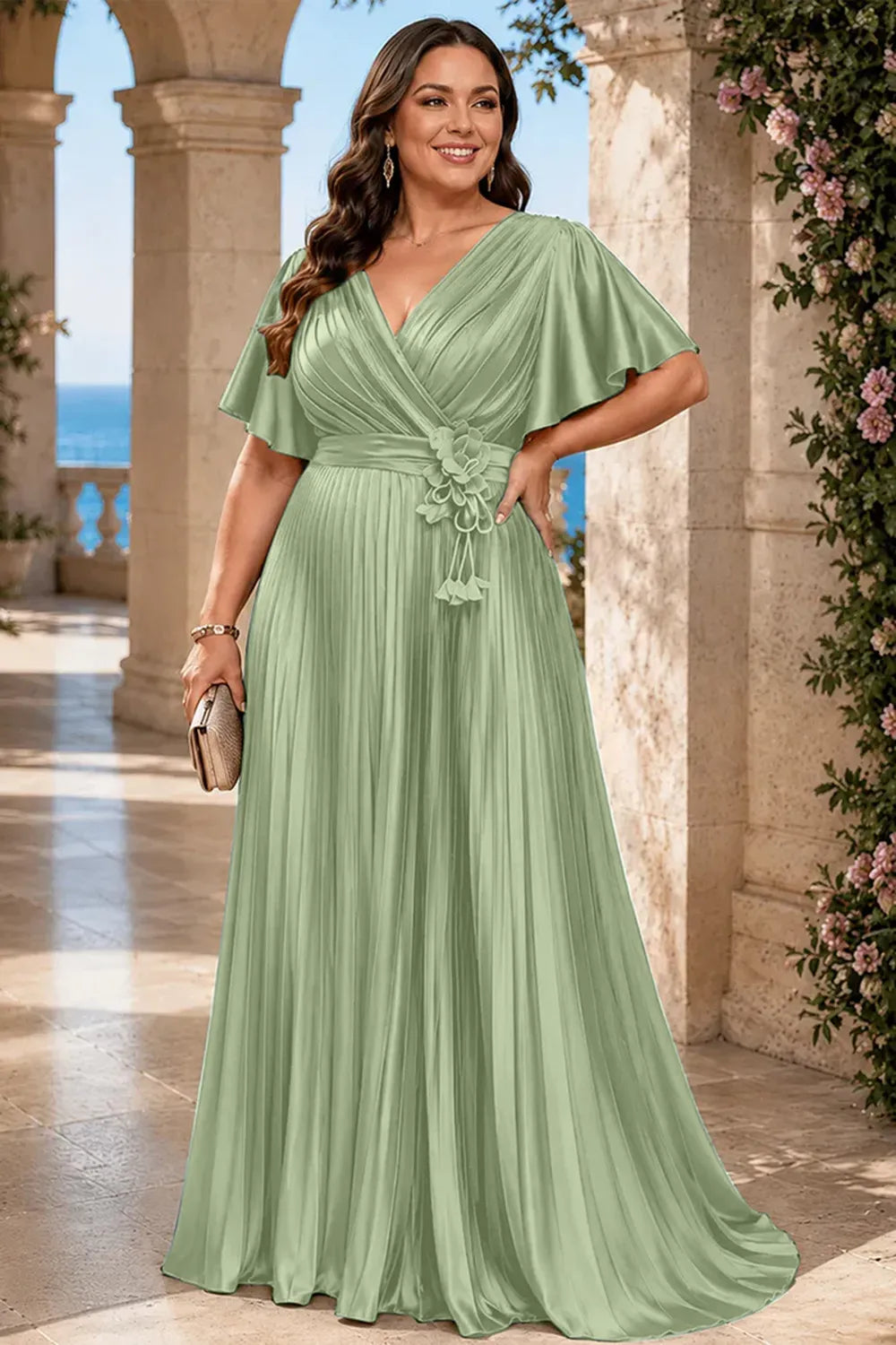 Flowy Pleated Satin Maxi Evening Dress