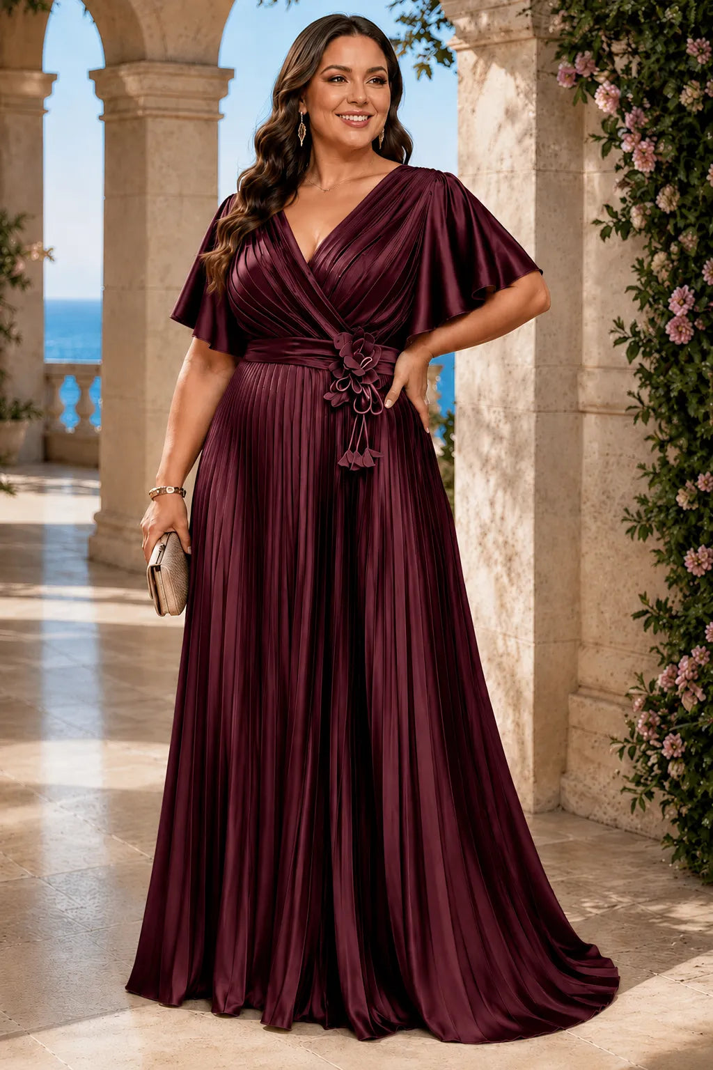 Flowy Pleated Satin Maxi Evening Dress