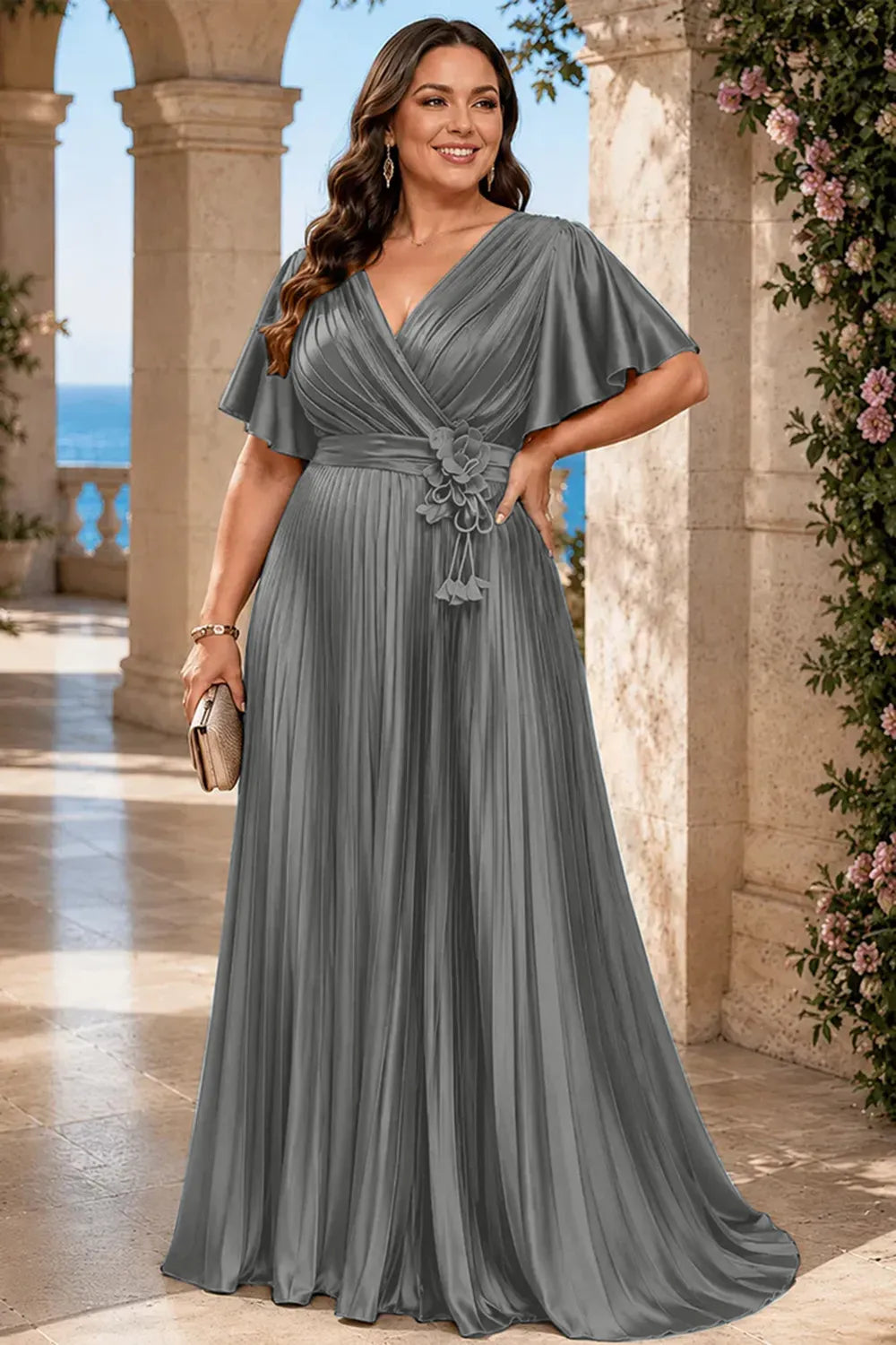 Flowy Pleated Satin Maxi Evening Dress