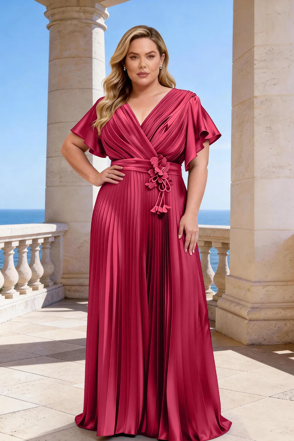 Flowy Pleated Satin Maxi Evening Dress